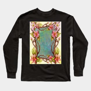 red flowers, spring tree branch border, tie dye abstract Long Sleeve T-Shirt